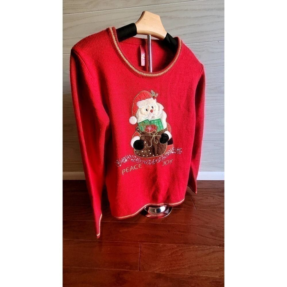 Holiday Time Red Christmas Santa Sequin Sweater Womens Medium